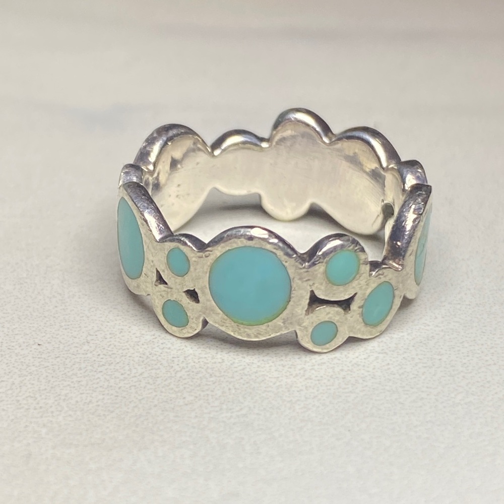 Sterling Silver and Turquoise Inlay Ring 925 Bubbles Size 7.5